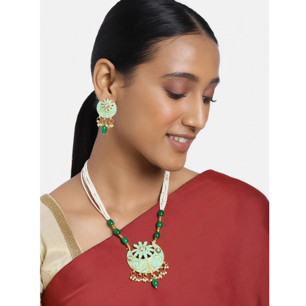 Suvarnika Women's Rose Gold Plated Alloy Necklace &amp; Earings Set (Green)