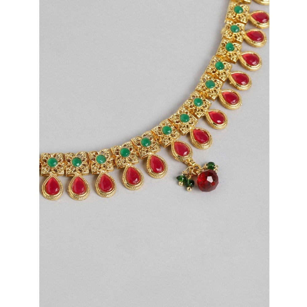 Suvarnika Women's Rose Gold Plated Alloy Necklace &amp; Earings Set (Green &amp; Red)