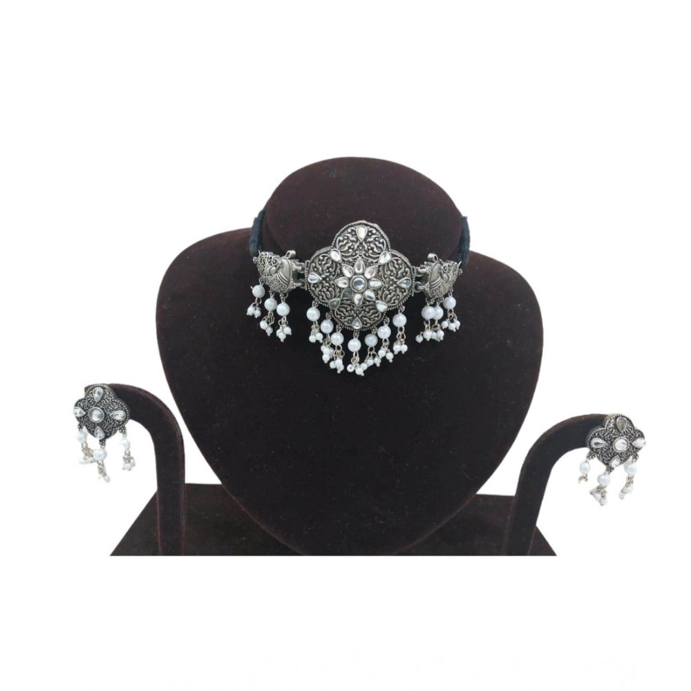 Suvarnika Women's Rose Gold Plated Alloy Necklace &amp; Earings Set (Silver &amp; White)