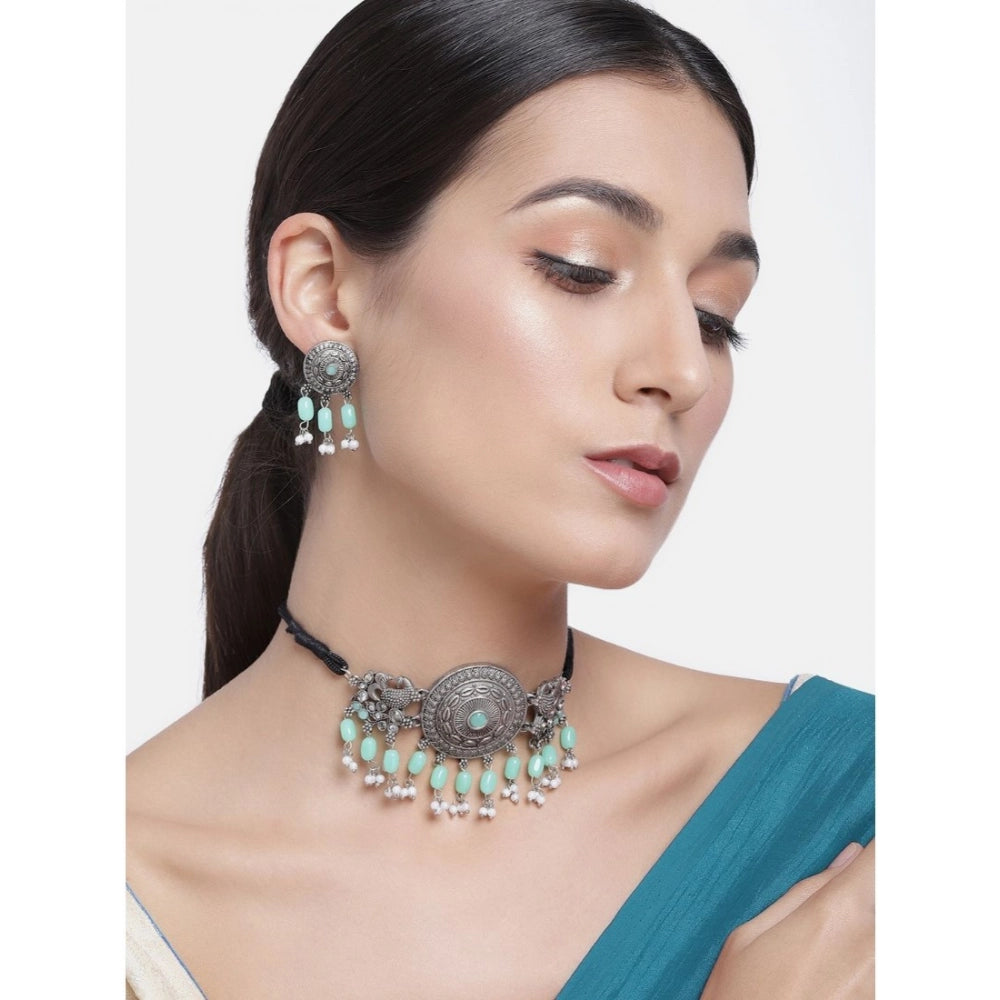 Suvarnika Women's Rose Gold Plated Alloy Necklace &amp; Earings Set (Light Green)