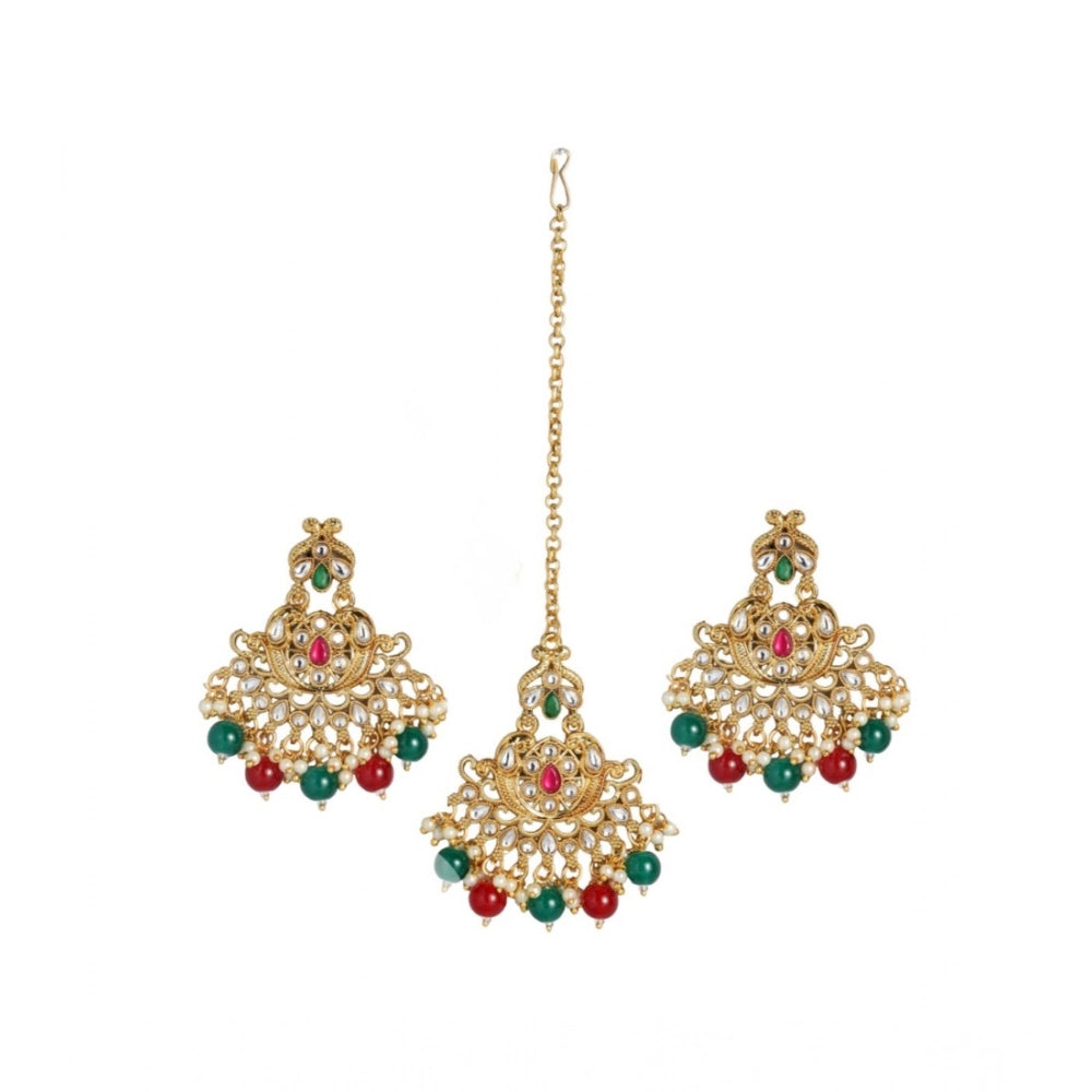 Suvarnika Women's Rose Gold Plated Alloy Kundan Earrings &amp; Mangtikka (Red &amp; Green)
