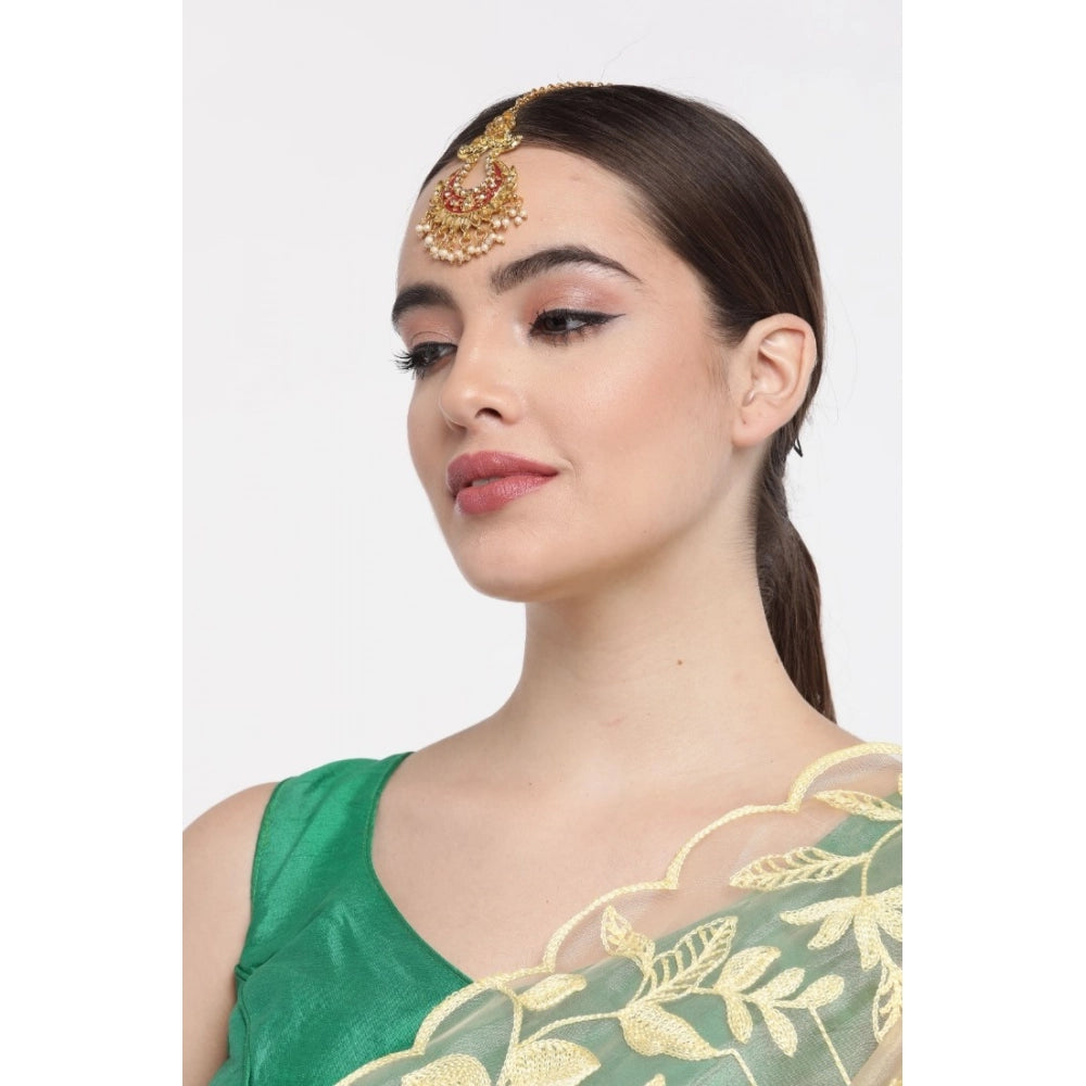 Suvarnika Women's Rose Gold Plated Alloy Kundan Earrings &amp; Mangtikka (Maroon)