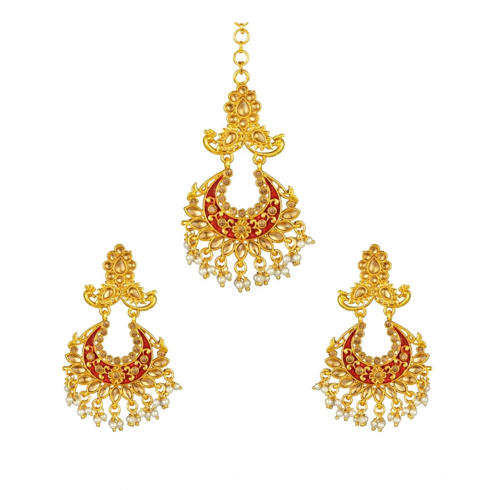 Suvarnika Women's Rose Gold Plated Alloy Kundan Earrings &amp; Mangtikka (Maroon)