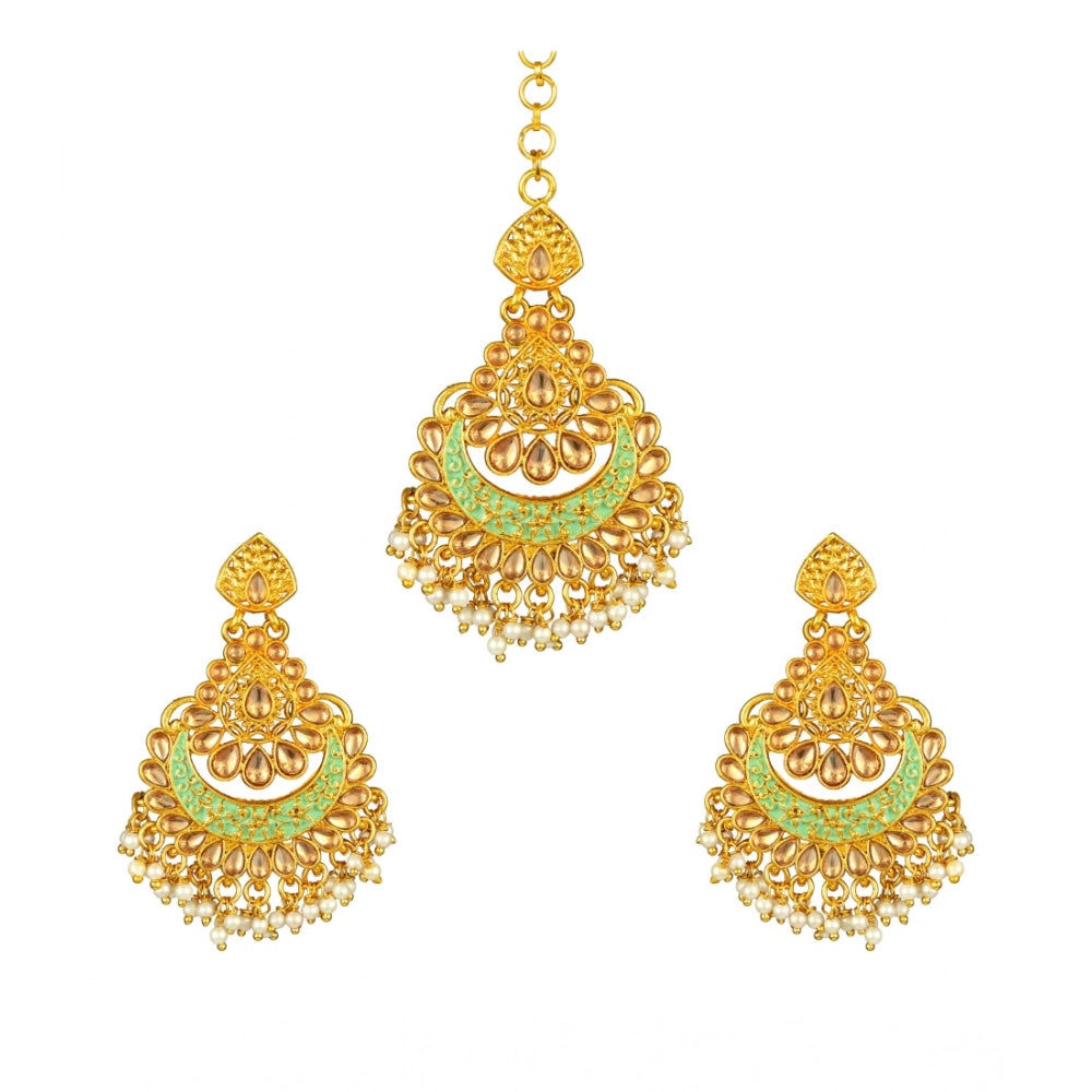 Suvarnika Women's Rose Gold Plated Alloy Kundan Earrings &amp; Mangtikka (Green)