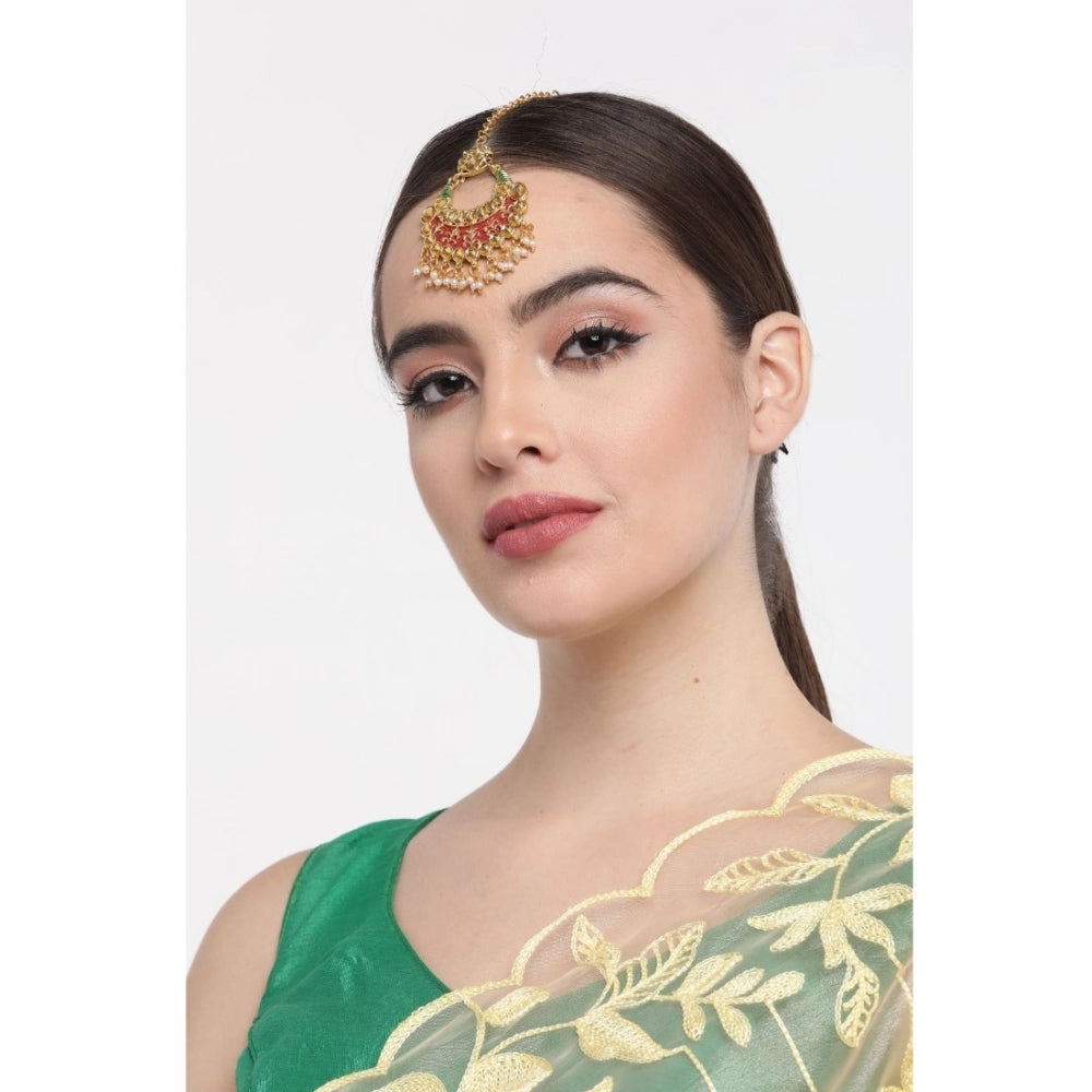 Suvarnika Women's Rose Gold Plated Alloy Kundan Earrings &amp; Mangtikka (Red &amp; Green)