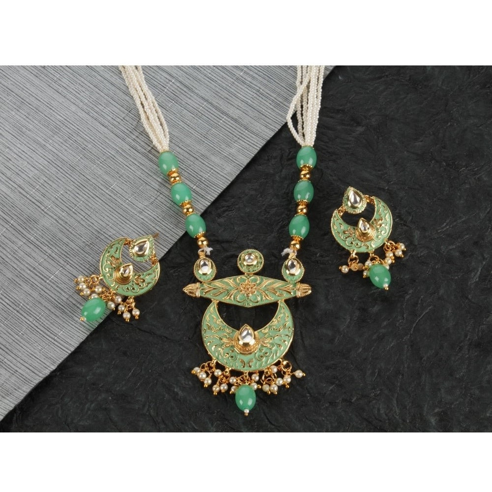Suvarnika Women's Rose Gold Plated Alloy Necklace &amp; Earings Set (Green)
