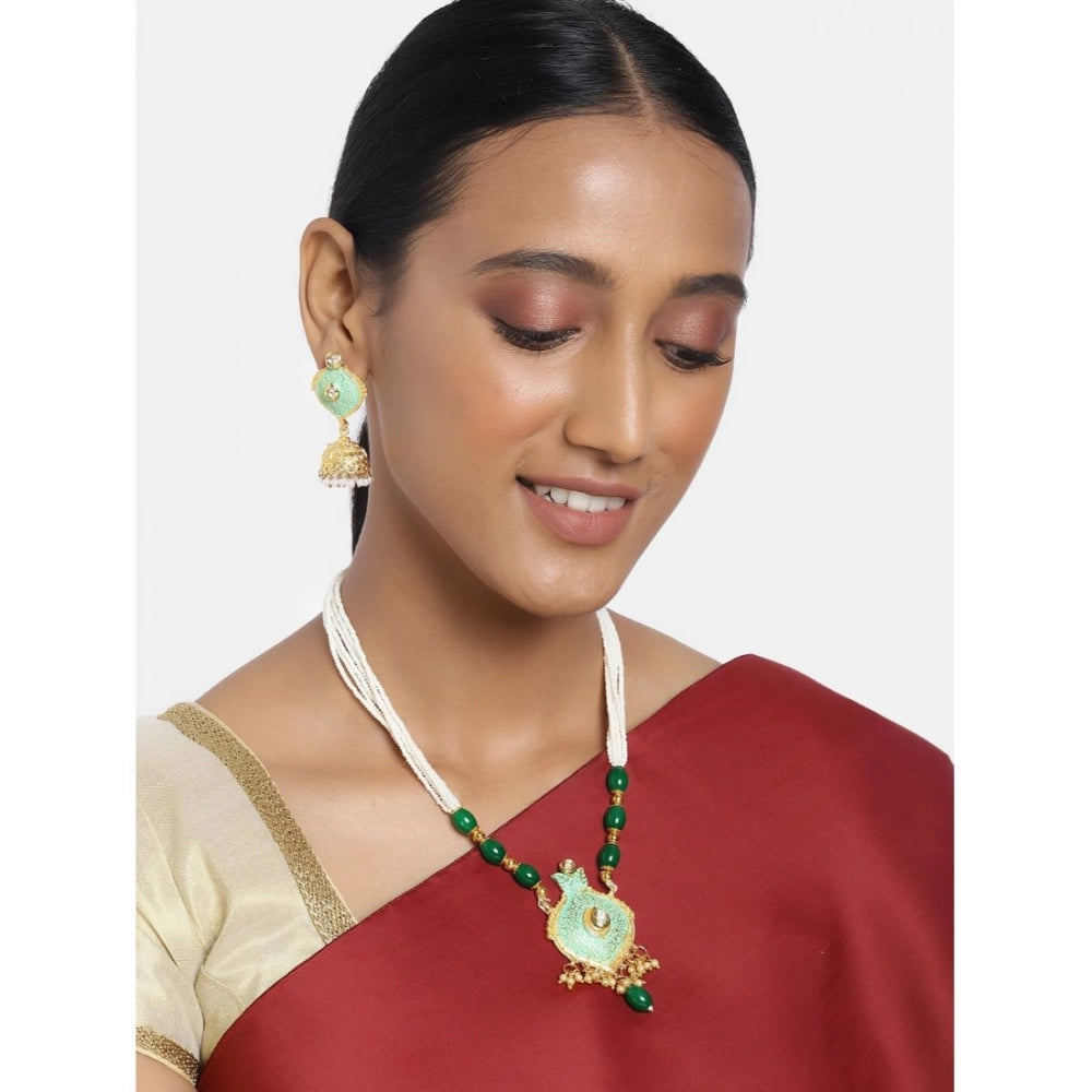 Suvarnika Women's Rose Gold Plated Alloy Necklace &amp; Earings Set (Green)
