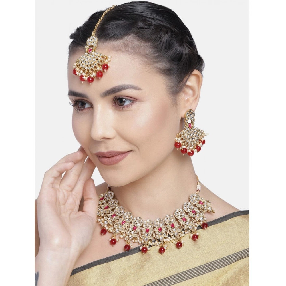 Suvarnika Women's Rose Gold Plated Alloy Necklace &amp; Earings Set (Red)