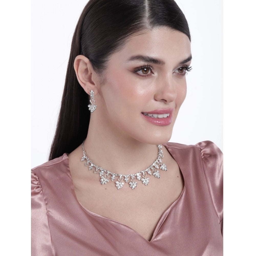 Suvarnika Women's Rose Gold Plated Brass Necklace &amp; Earings Set (Silver)