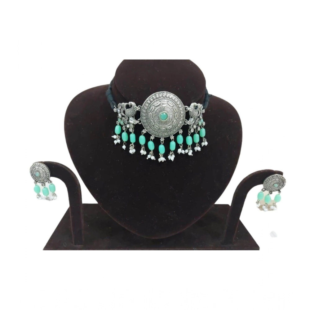 Suvarnika Women's Rose Gold Plated Alloy Necklace &amp; Earings Set (Light Green)