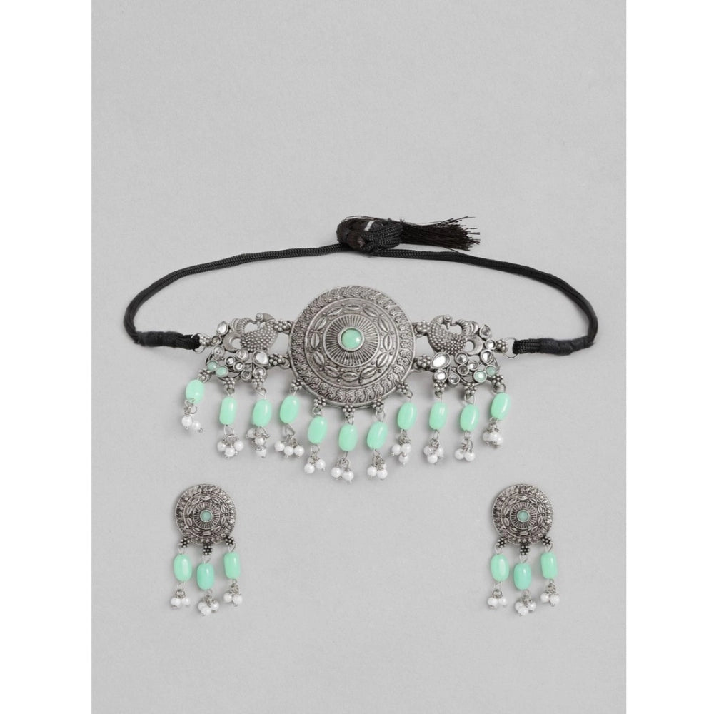 Suvarnika Women's Rose Gold Plated Alloy Necklace &amp; Earings Set (Light Green)
