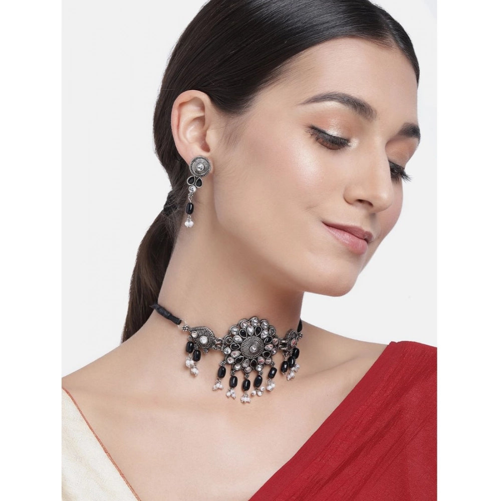 Suvarnika Women's Rose Gold Plated Alloy Necklace &amp; Earings Set (Black)