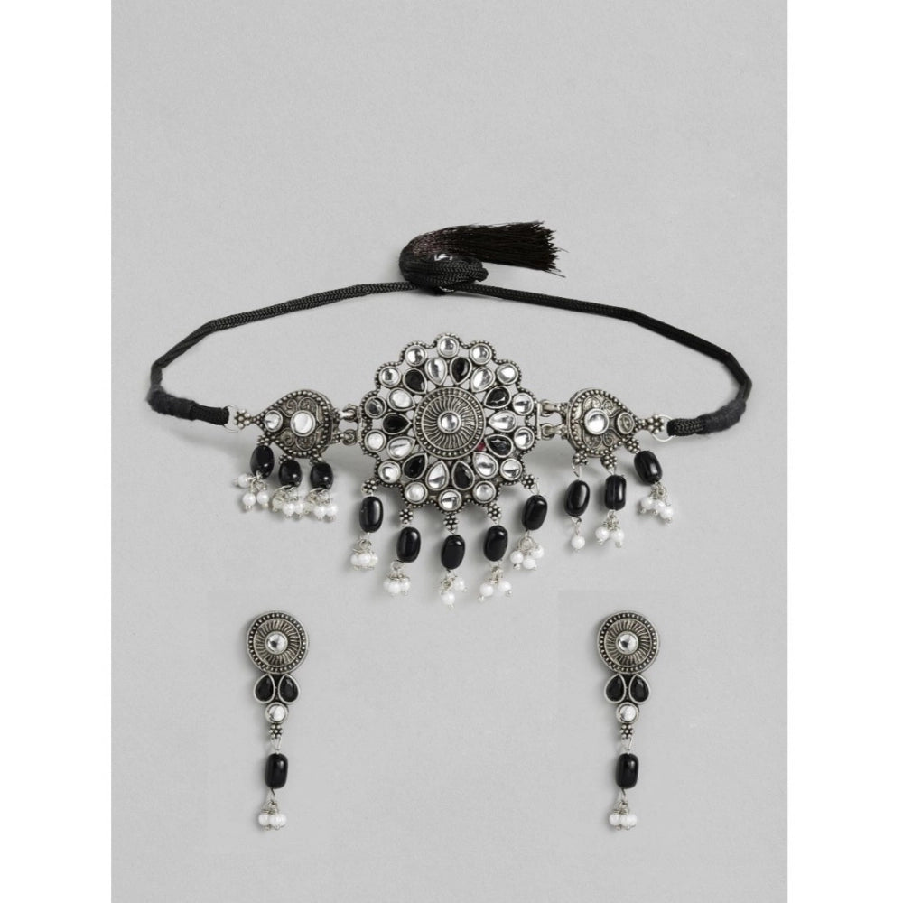 Suvarnika Women's Rose Gold Plated Alloy Necklace &amp; Earings Set (Black)