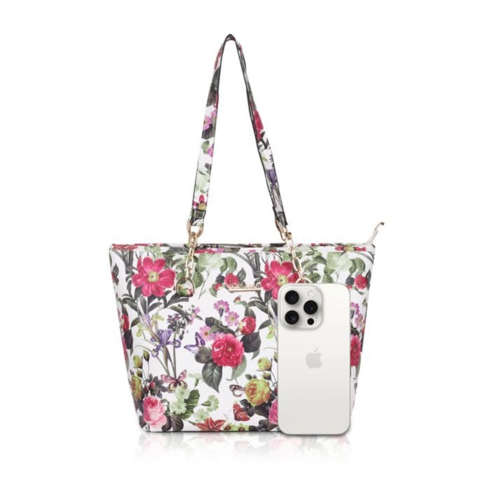 Suvarnika Women's Faux Leather Printed Tote Bag (White Pink)