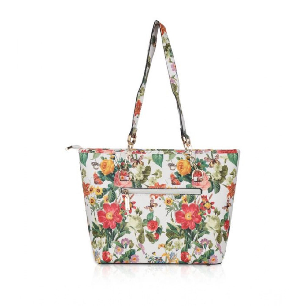 Suvarnika Women's Faux Leather Printed Tote Bag (White Orang)