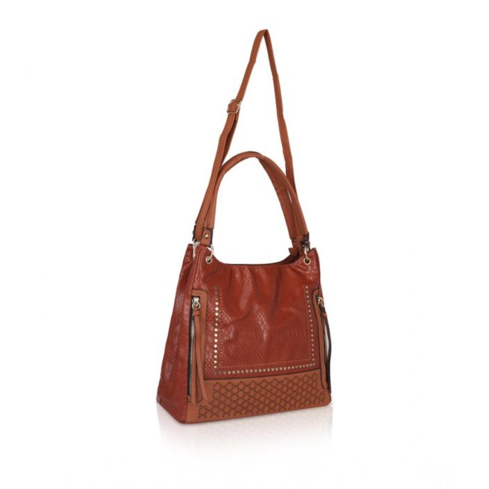 Suvarnika Women's Faux Leather Textured Tote Bag (Brown)