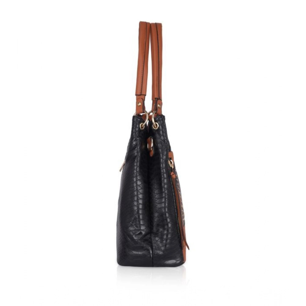 Suvarnika Women's Faux Leather Textured Tote Bag (Black)