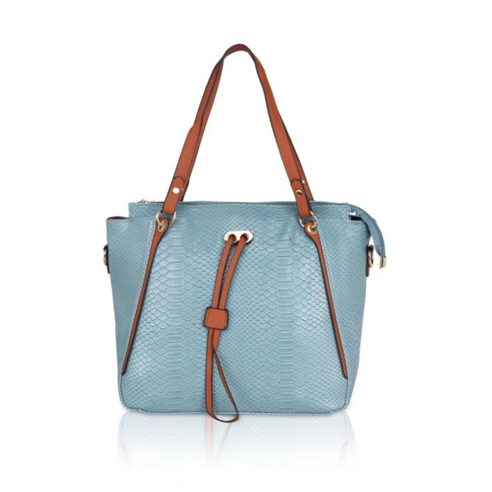 Suvarnika Women's Faux Leather Textured Tote Bag (Blue)