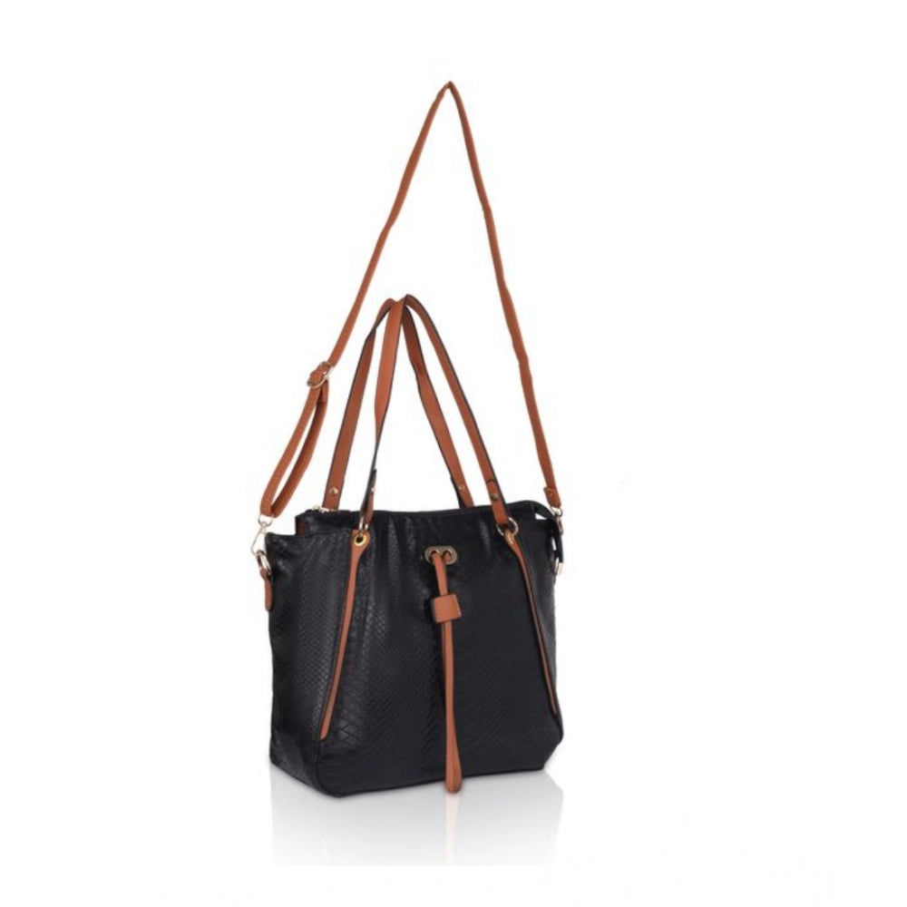 Suvarnika Women's Faux Leather Textured Tote Bag (Black)