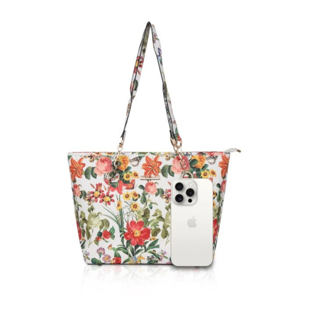 Suvarnika Women's Faux Leather Printed Tote Bag (White Orang)