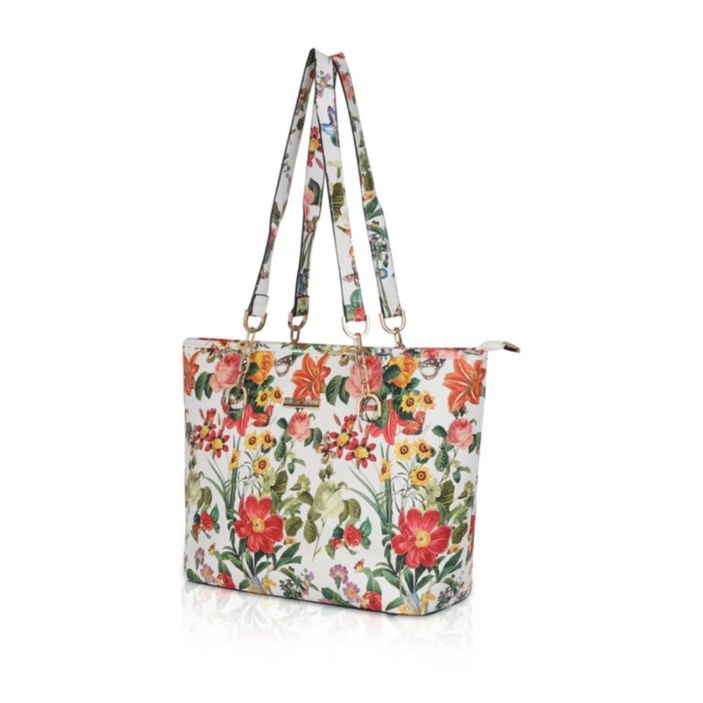 Suvarnika Women's Faux Leather Printed Tote Bag (White Orang)