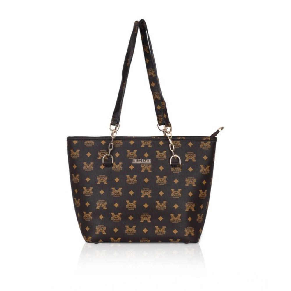 Suvarnika Women's Faux Leather Printed Tote Bag (Brown)