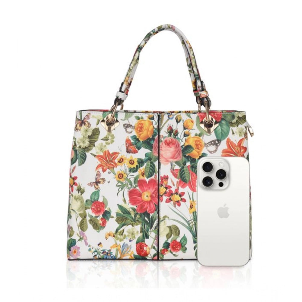 Suvarnika Women's Faux Leather Printed Handheld Bag (White Orang)