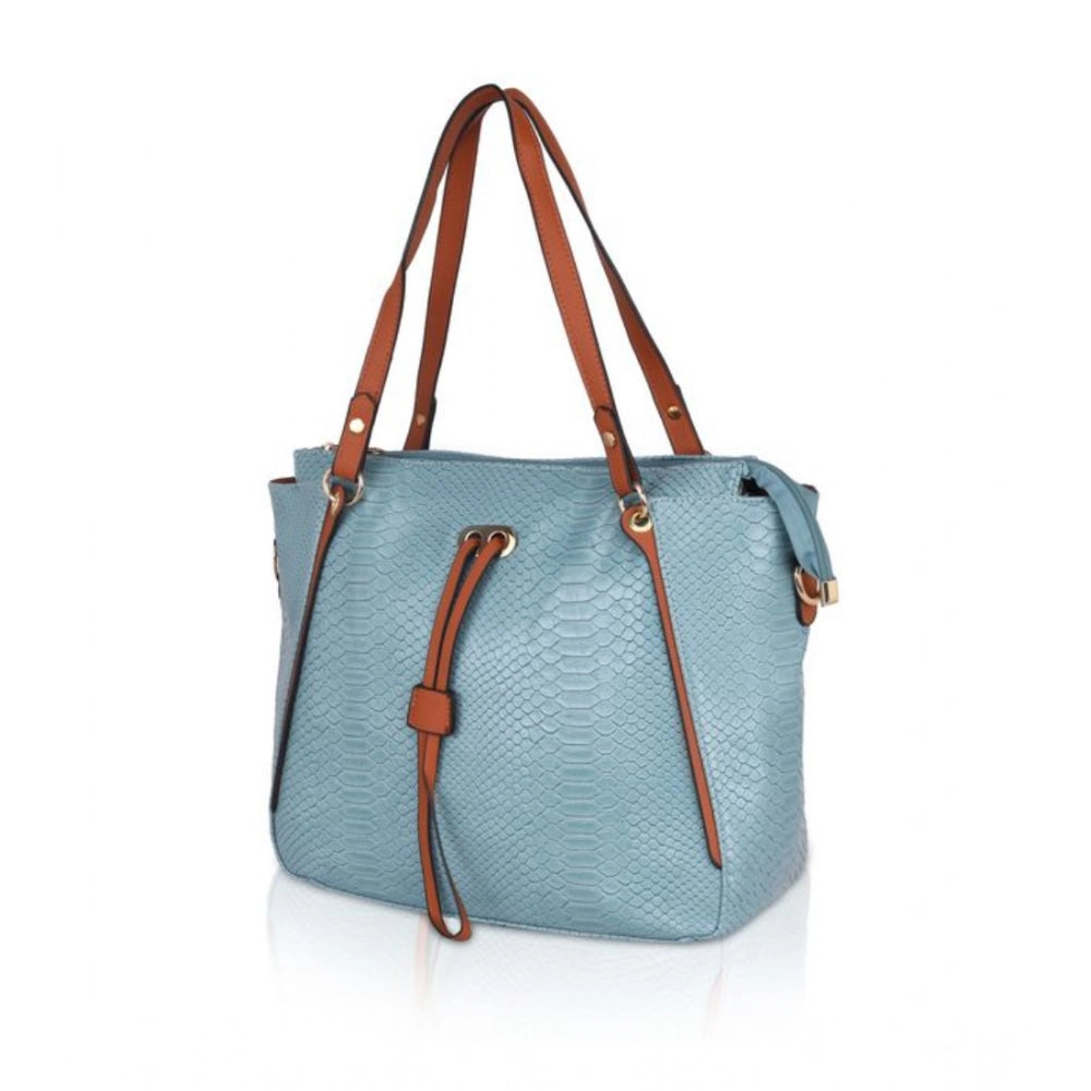 Suvarnika Women's Faux Leather Textured Tote Bag (Blue)
