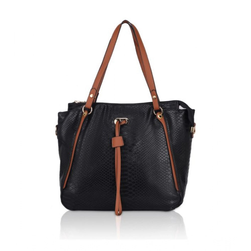 Suvarnika Women's Faux Leather Textured Tote Bag (Black)