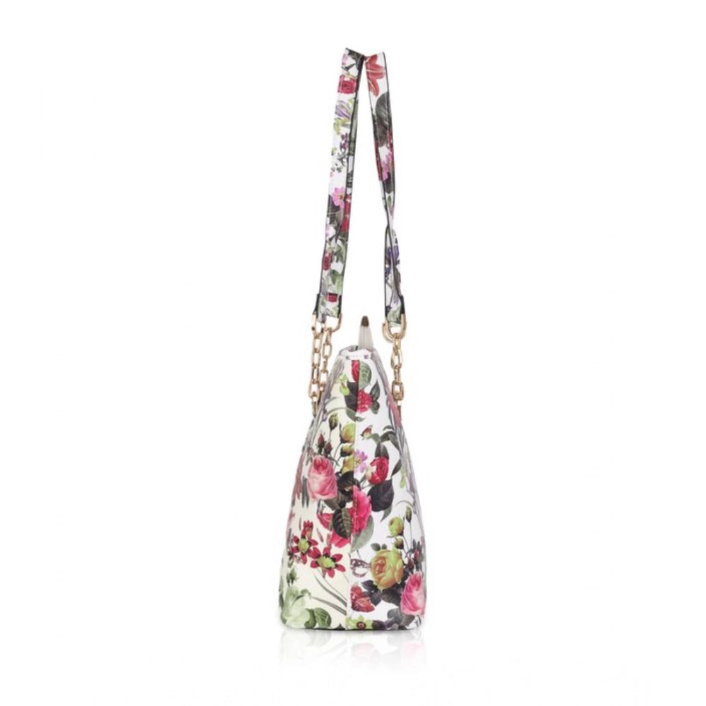 Suvarnika Women's Faux Leather Printed Tote Bag (White Pink)