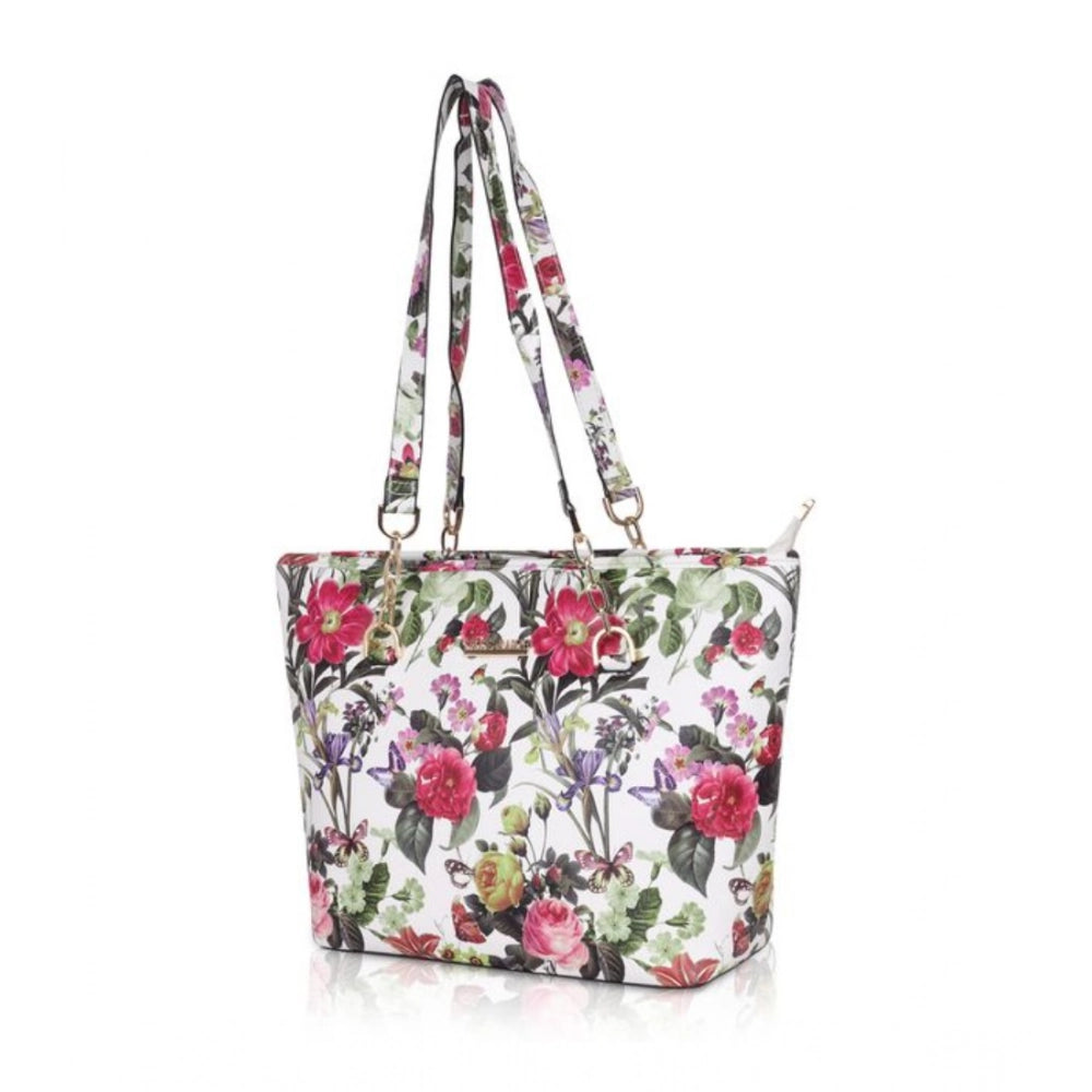 Suvarnika Women's Faux Leather Printed Tote Bag (White Pink)