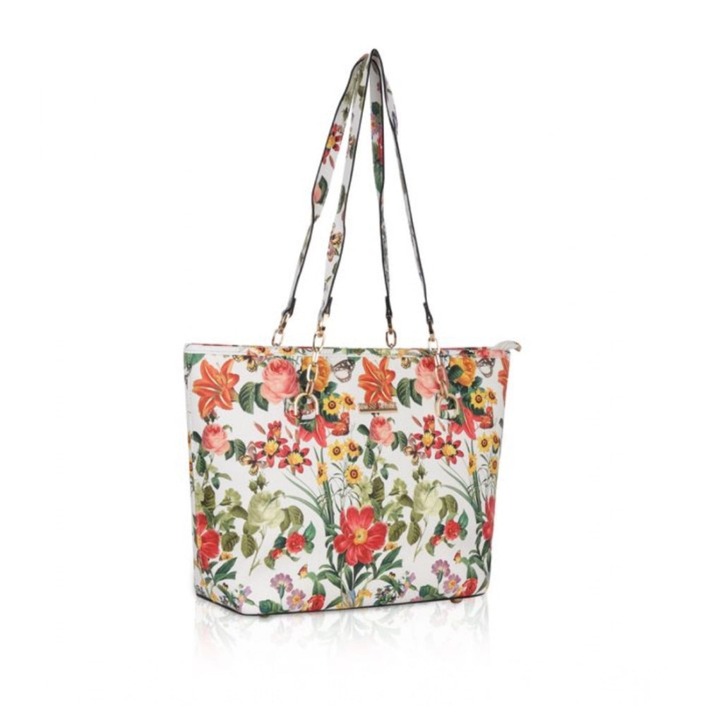 Suvarnika Women's Faux Leather Printed Tote Bag (White Orang)