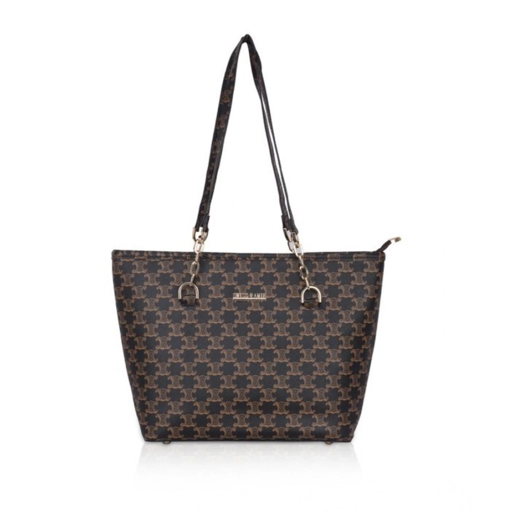 Suvarnika Women's Faux Leather Printed Tote Bag (Brown)