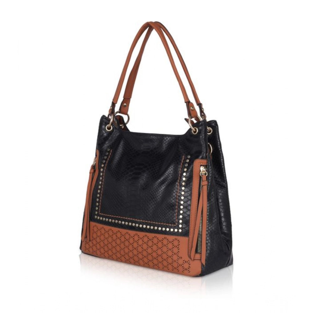 Suvarnika Women's Faux Leather Textured Tote Bag (Black)