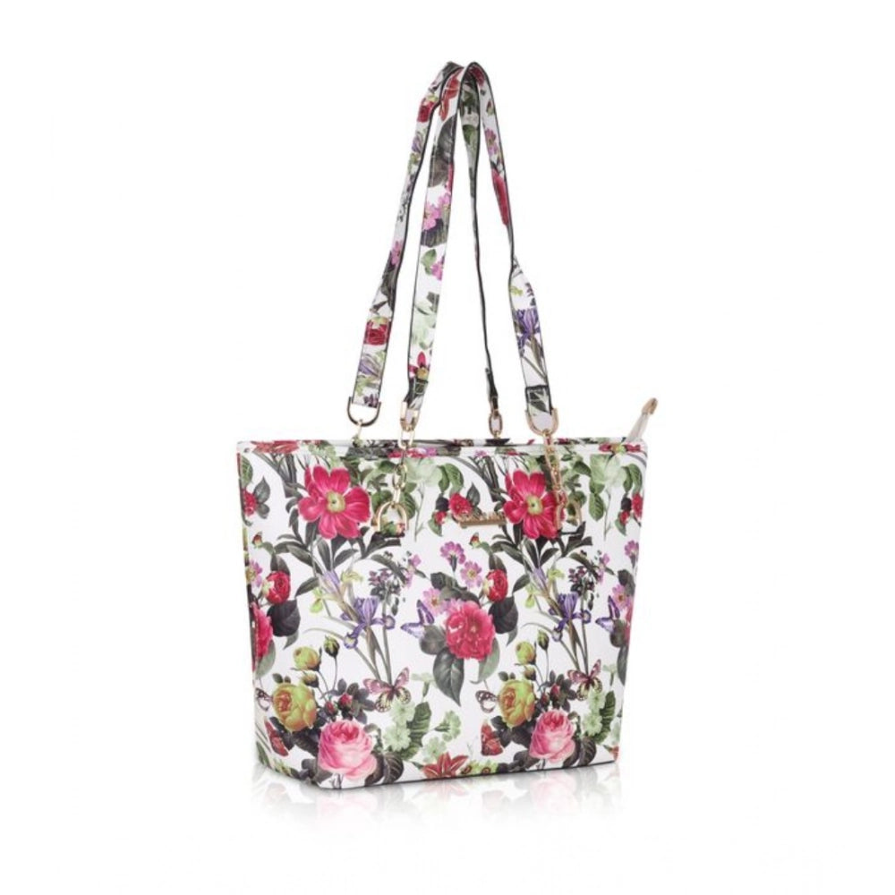 Suvarnika Women's Faux Leather Printed Tote Bag (White Pink)