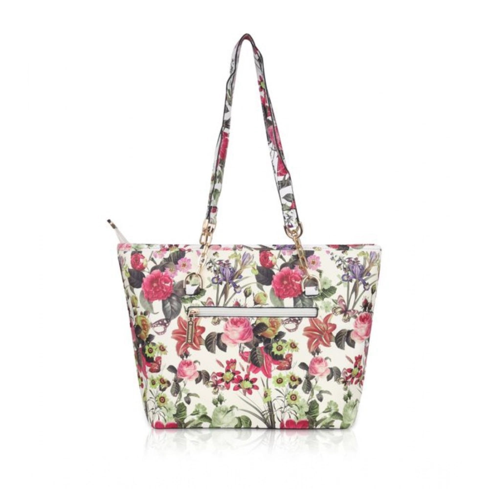 Suvarnika Women's Faux Leather Printed Tote Bag (White Pink)