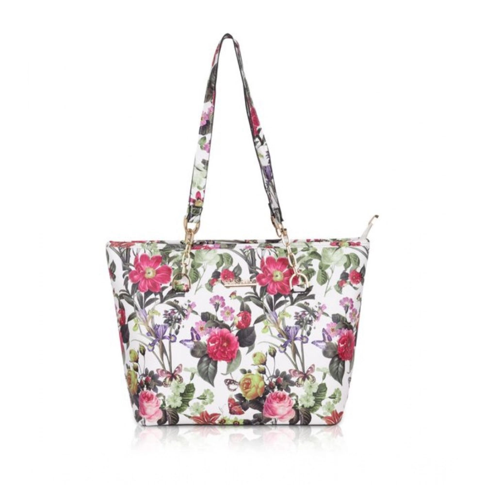 Suvarnika Women's Faux Leather Printed Tote Bag (White Pink)