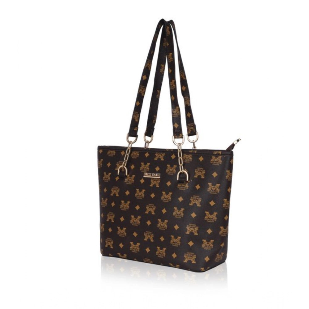 Suvarnika Women's Faux Leather Printed Tote Bag (Brown)