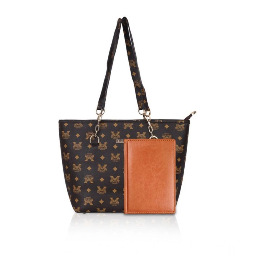 Suvarnika Women's Faux Leather Printed Tote Bag (Brown)