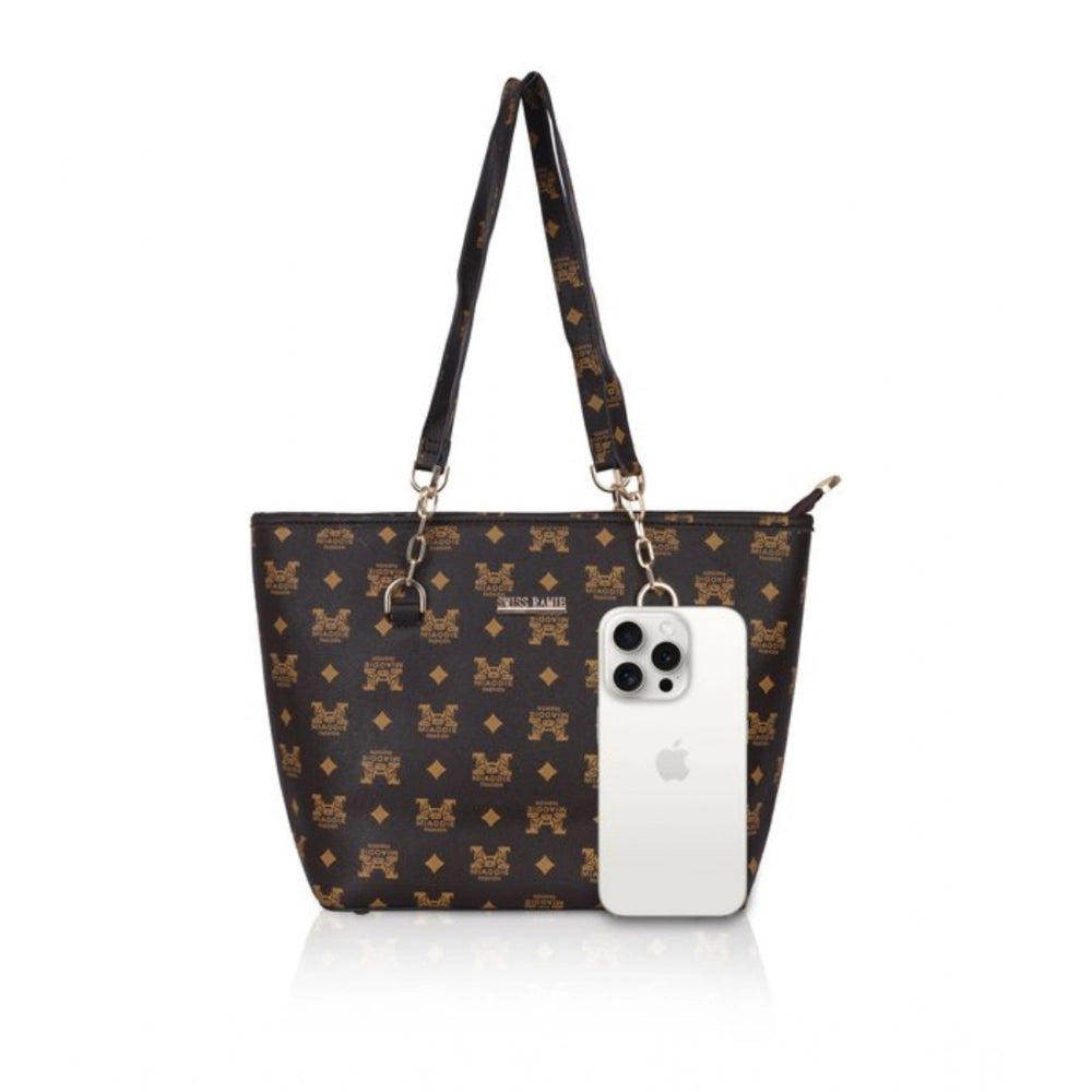 Suvarnika Women's Faux Leather Printed Tote Bag (Brown)