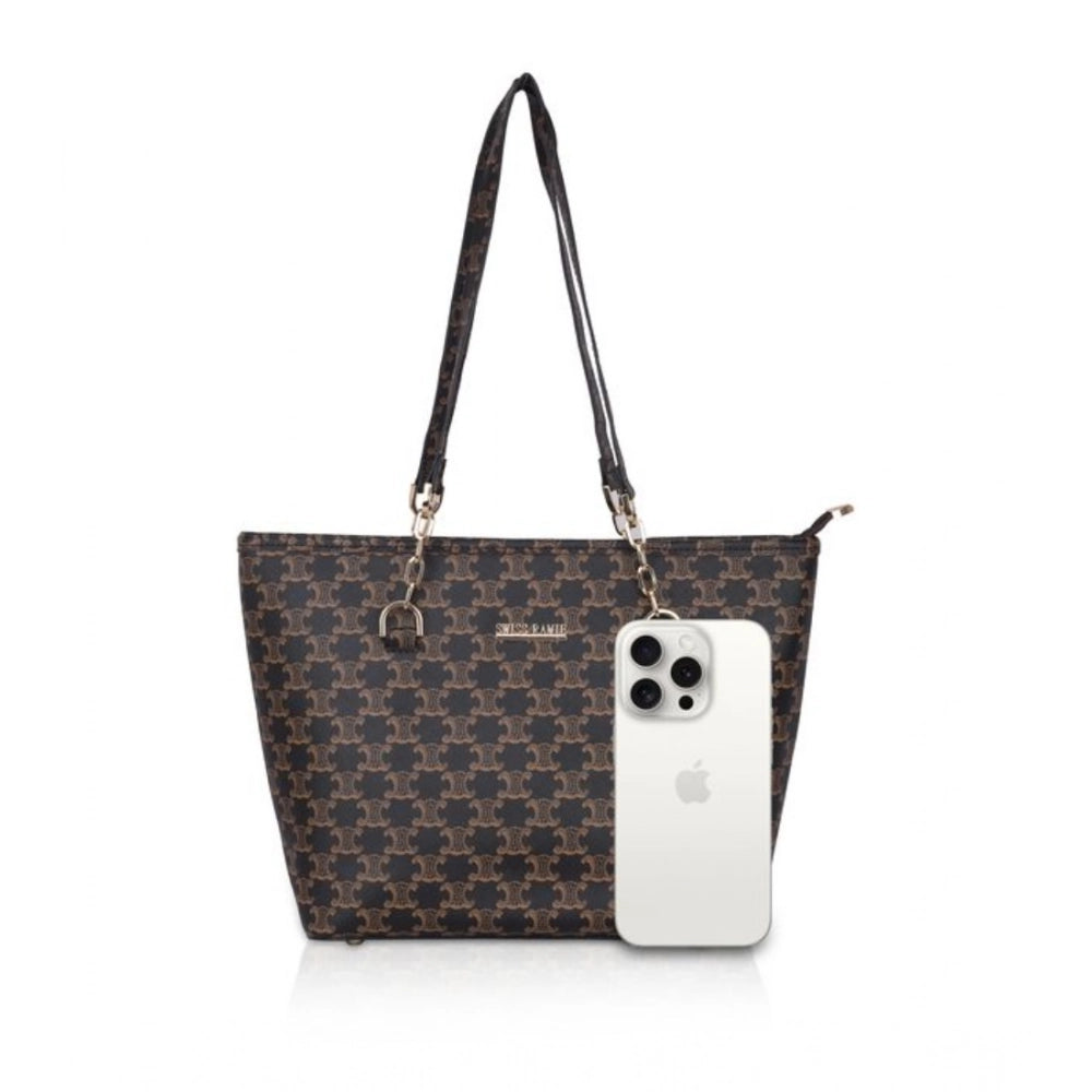 Suvarnika Women's Faux Leather Printed Tote Bag (Brown)