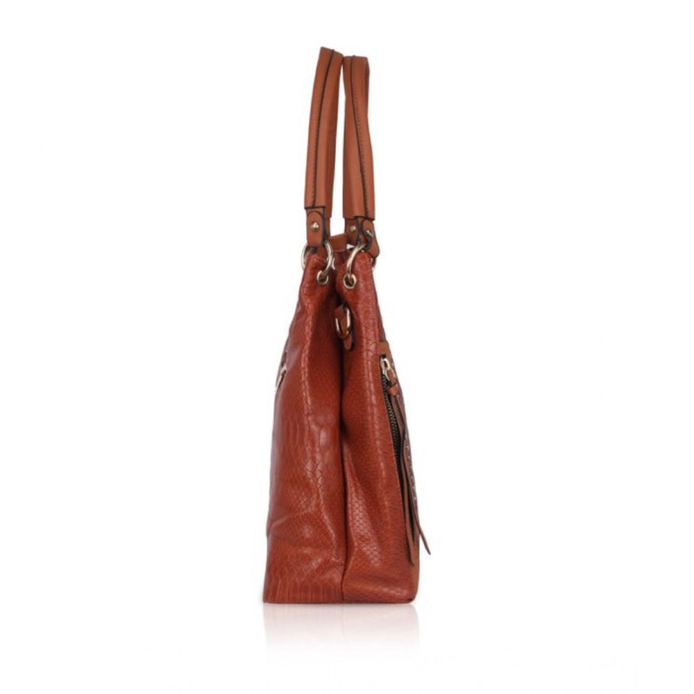 Suvarnika Women's Faux Leather Textured Tote Bag (Brown)