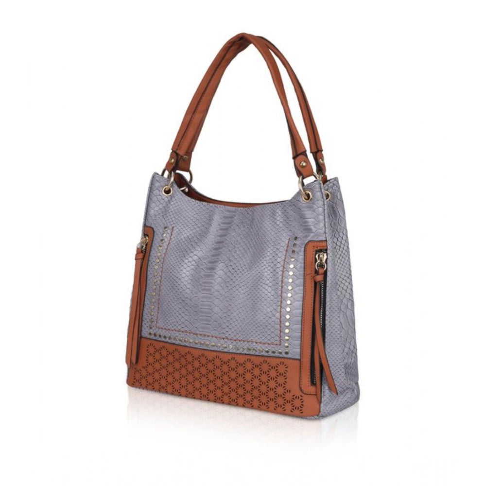 Suvarnika Women's Faux Leather Textured Tote Bag (Blue)
