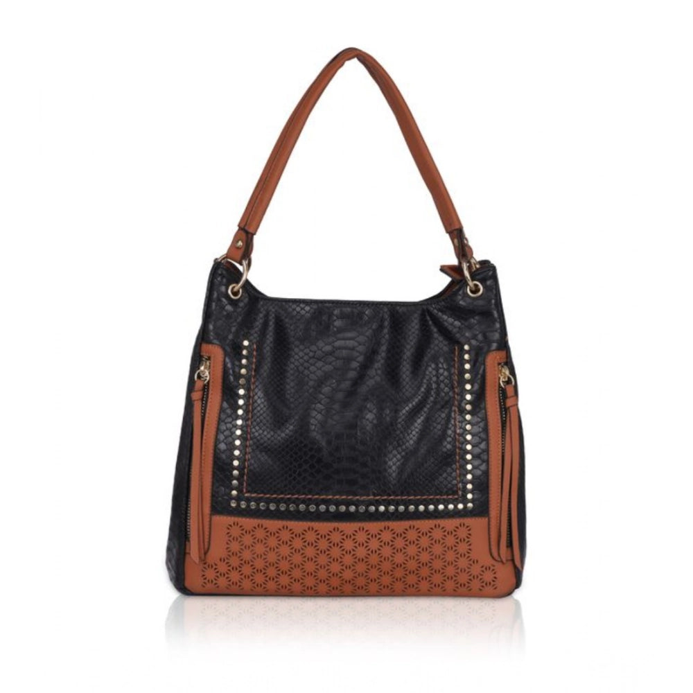 Suvarnika Women's Faux Leather Textured Tote Bag (Black)
