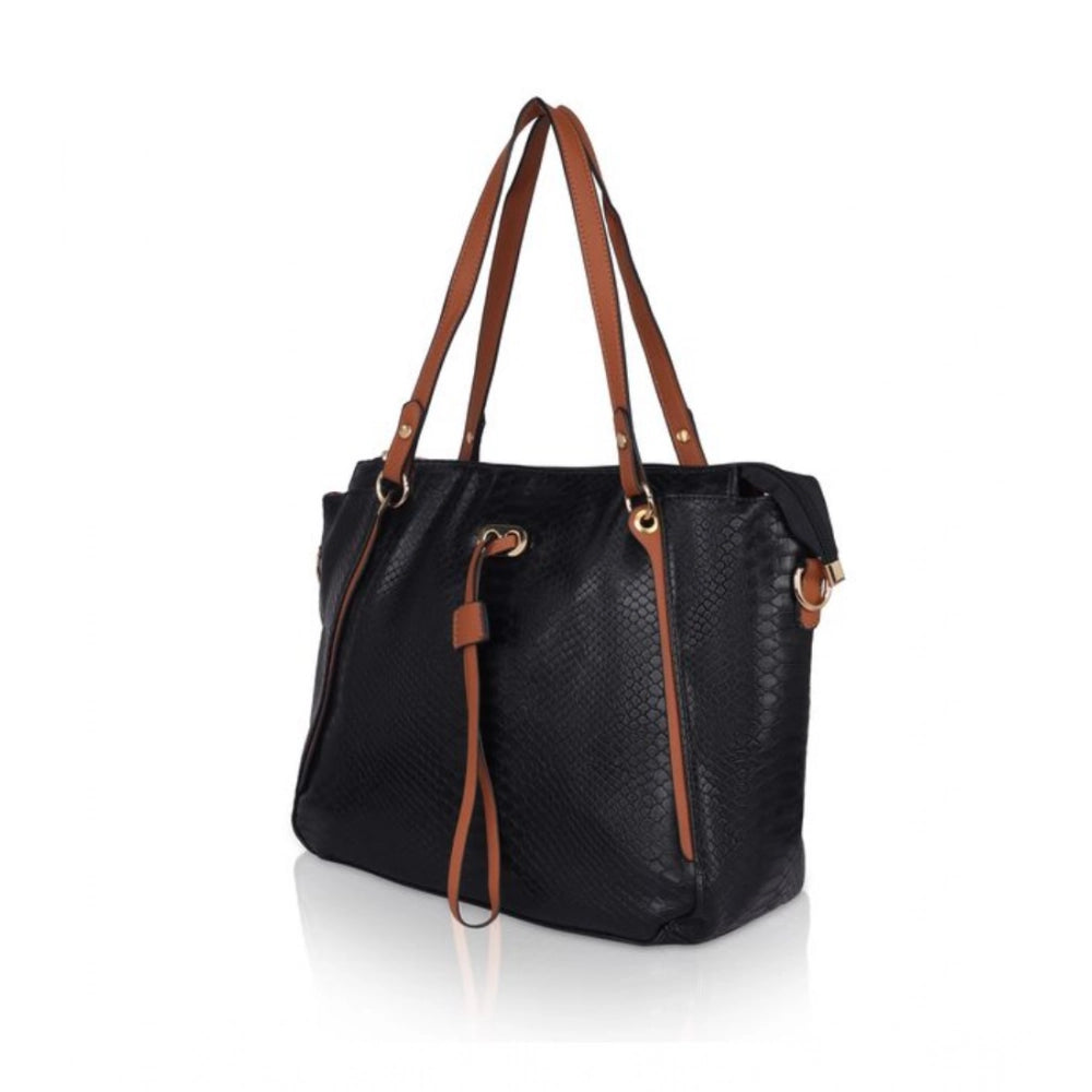 Suvarnika Women's Faux Leather Textured Tote Bag (Black)