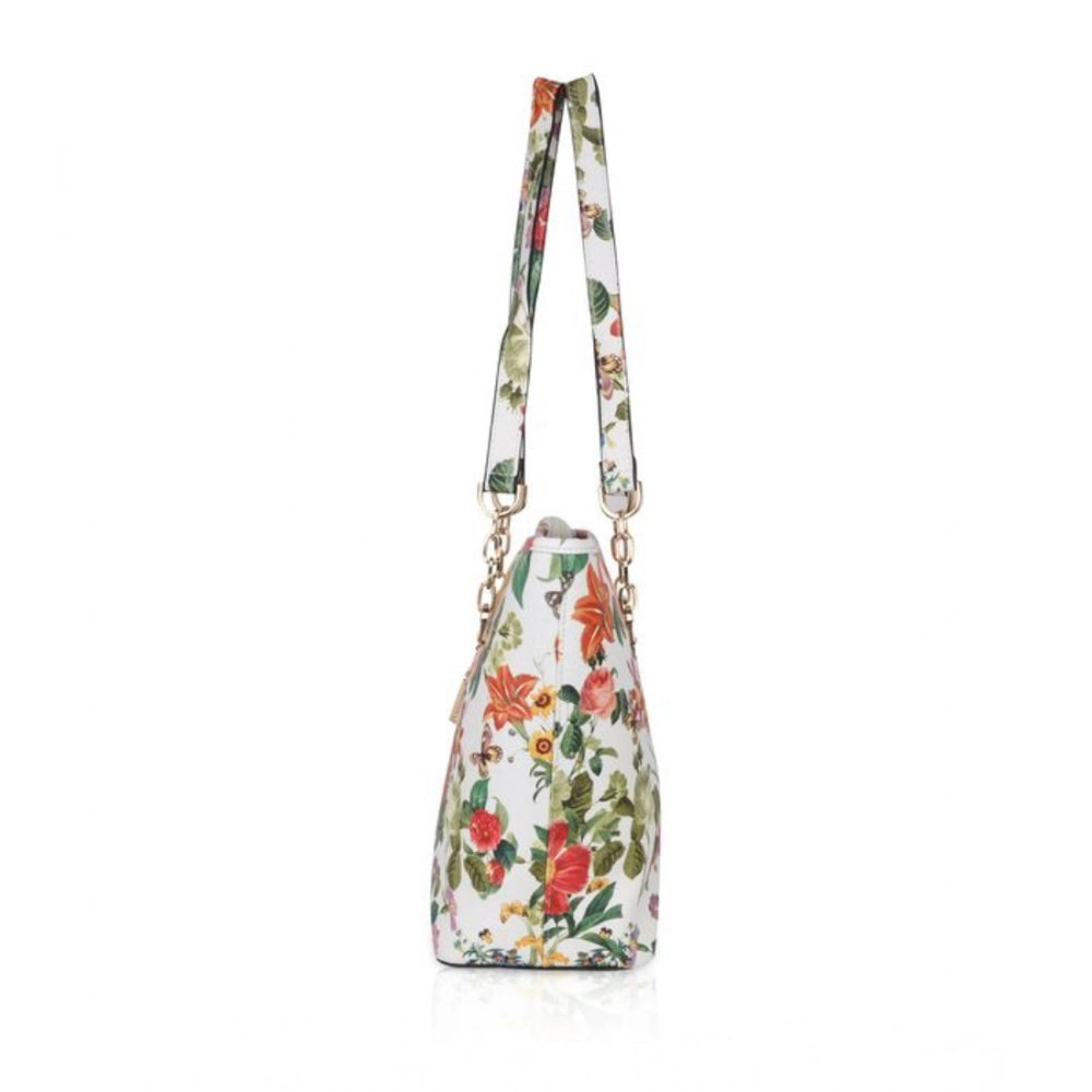 Suvarnika Women's Faux Leather Printed Tote Bag (White Orang)