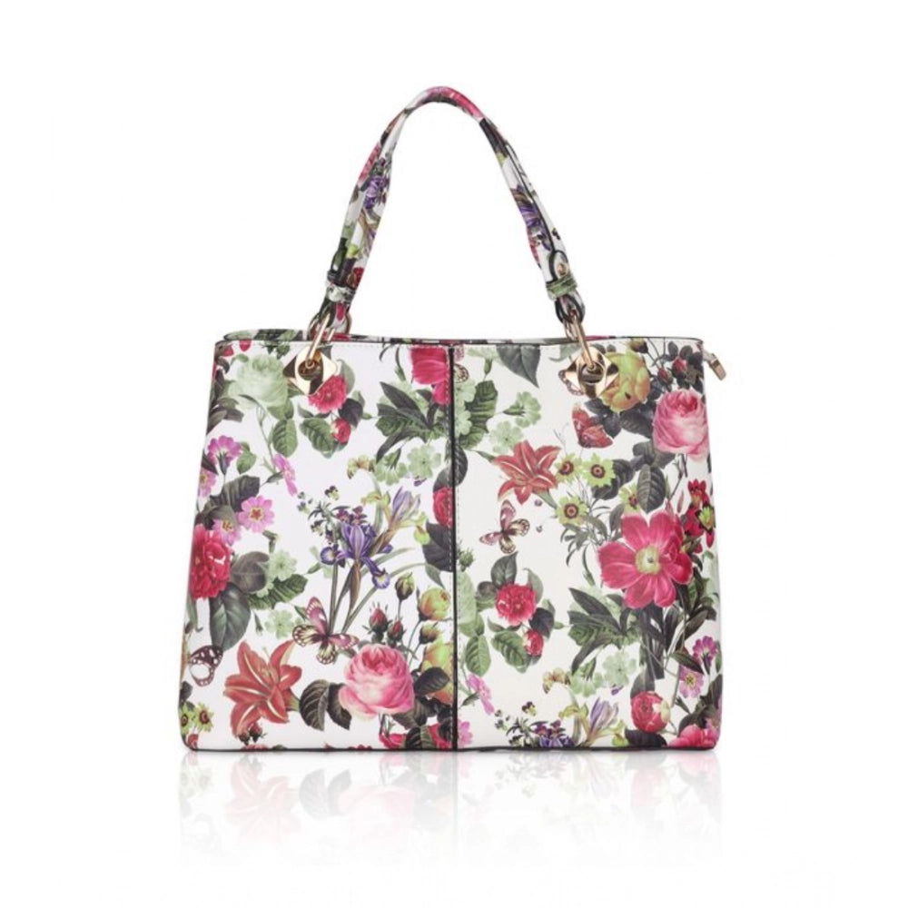 Suvarnika Women's Faux Leather Printed Handheld Bag (White Pink)