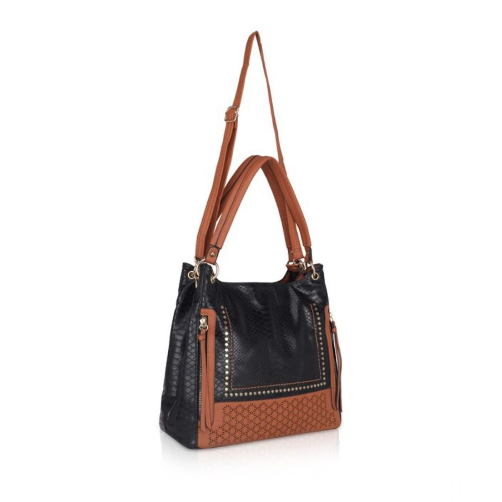 Suvarnika Women's Faux Leather Textured Tote Bag (Black)