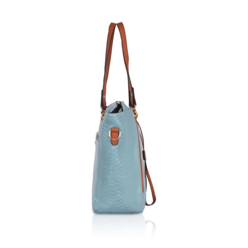 Suvarnika Women's Faux Leather Textured Tote Bag (Blue)