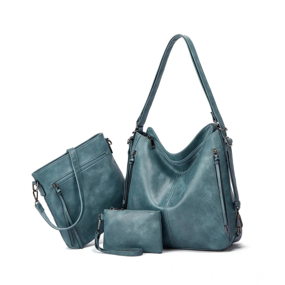 Suvarnika Women's PU Leather Medium Shoulder Zipper Handbag (Blue)